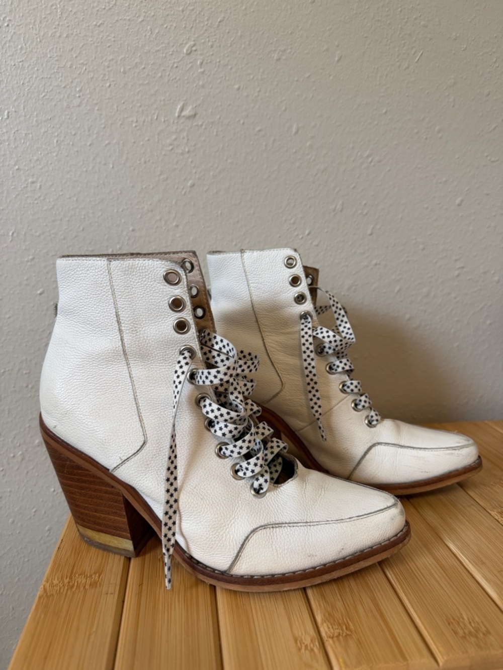 Sol Sana White Leather Lace-Up Block Heel Ankle Boots